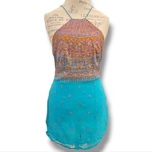 Aamooze Teal Embroidered Silk Open Back Top - OS